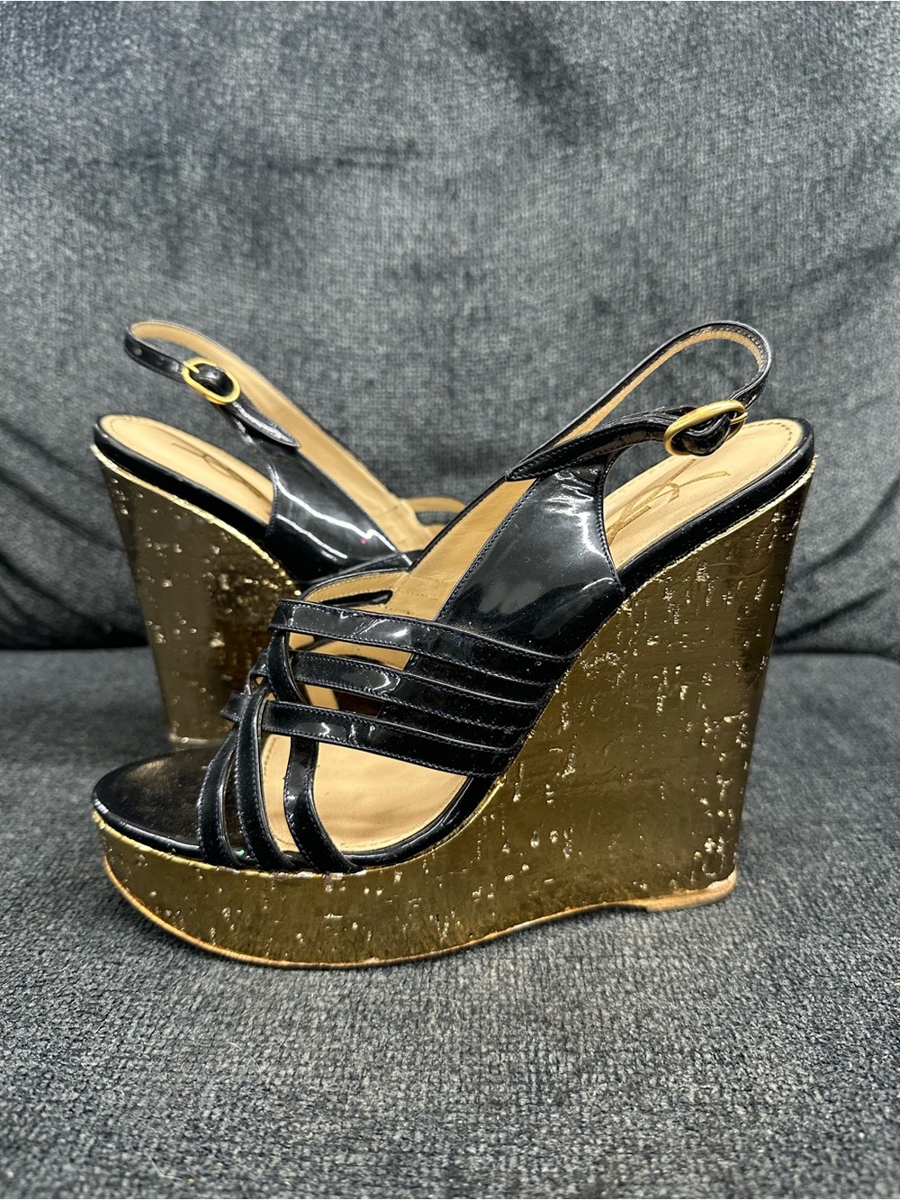 YSL Black Patent Slingback Wedge Sandals with Gold Platform size 39